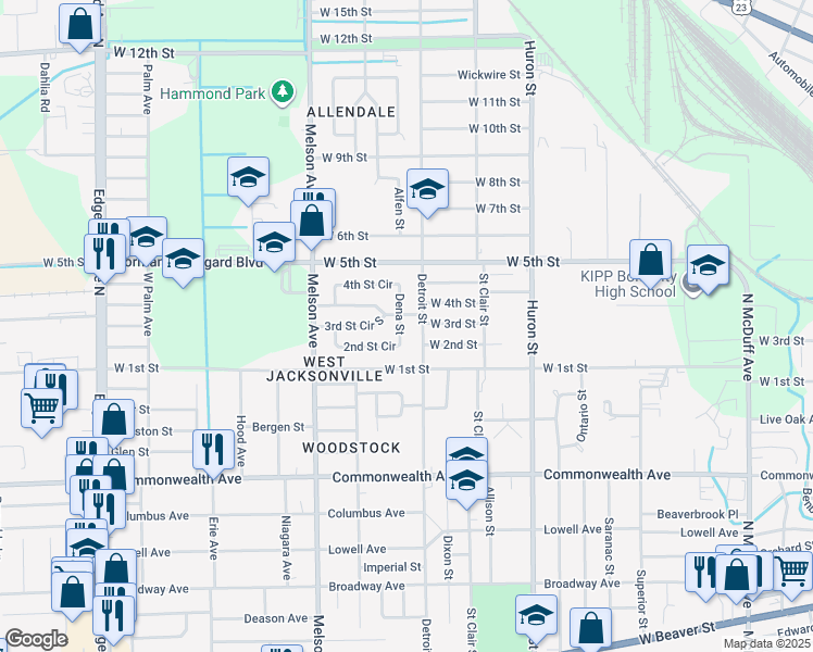 map of restaurants, bars, coffee shops, grocery stores, and more near 1170 Detroit Street in Jacksonville