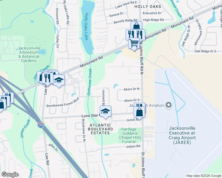 map of restaurants, bars, coffee shops, grocery stores, and more near 1265 Brookwood Bluff Road East in Jacksonville