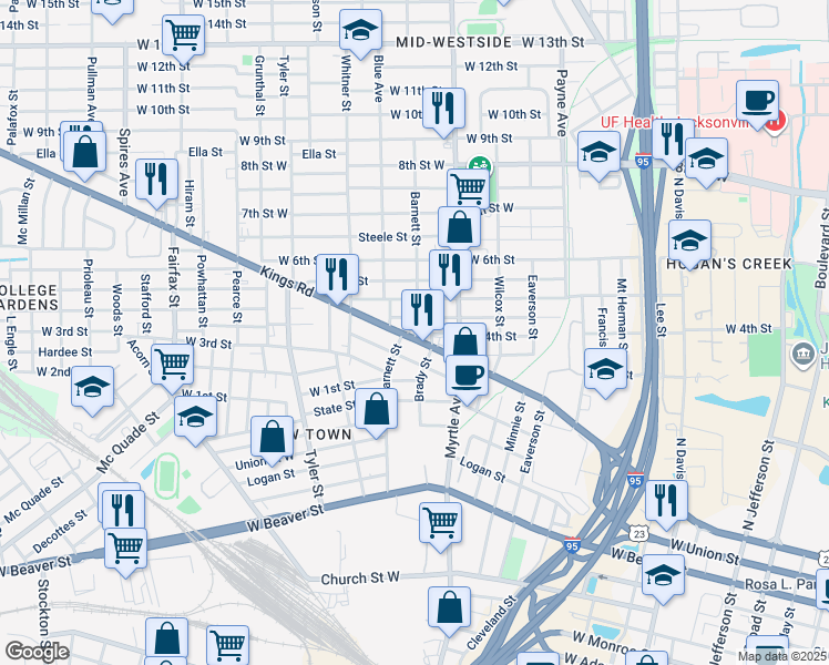 map of restaurants, bars, coffee shops, grocery stores, and more near 1409 Kings Road in Jacksonville