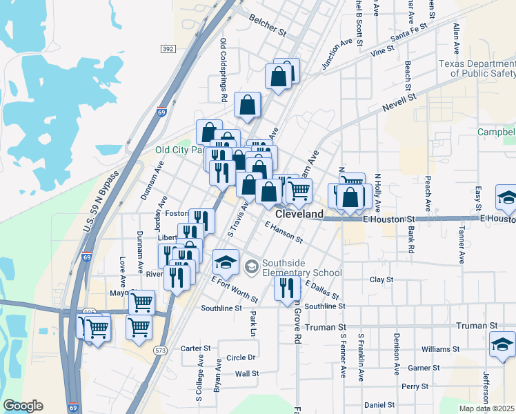 map of restaurants, bars, coffee shops, grocery stores, and more near 114 Texas 105 Business in Cleveland