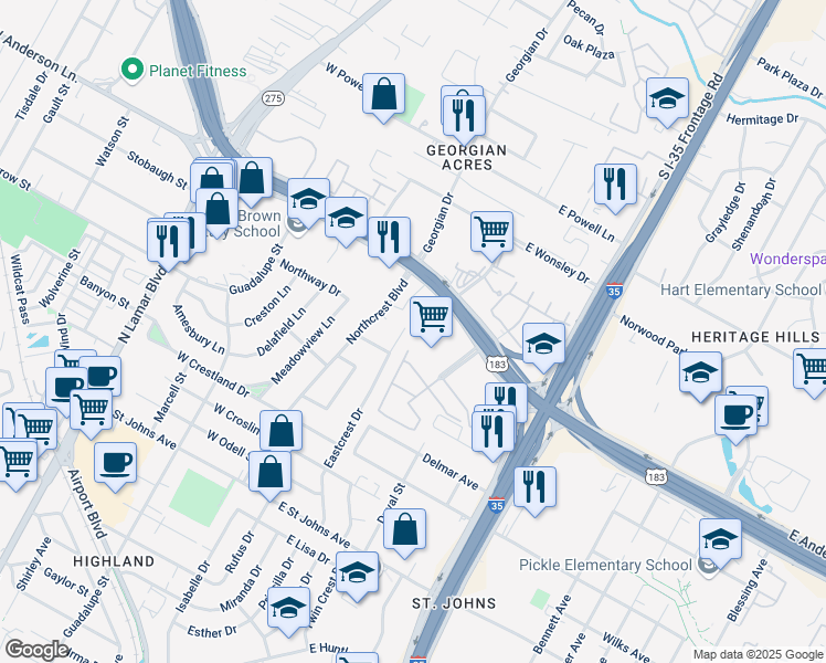 map of restaurants, bars, coffee shops, grocery stores, and more near 7710 Eastcrest Drive in Austin