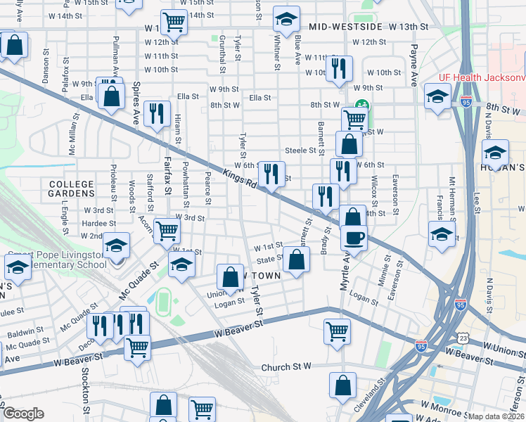 map of restaurants, bars, coffee shops, grocery stores, and more near 1520 Dot Street in Jacksonville