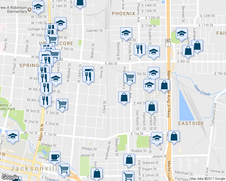 map of restaurants, bars, coffee shops, grocery stores, and more near 1550 Spearing Street in Jacksonville