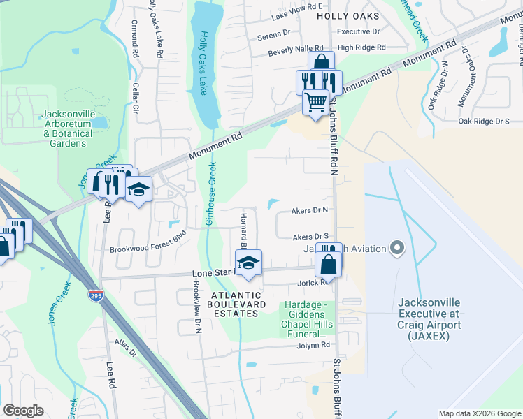 map of restaurants, bars, coffee shops, grocery stores, and more near 1265 Brookwood Bluff Road East in Jacksonville