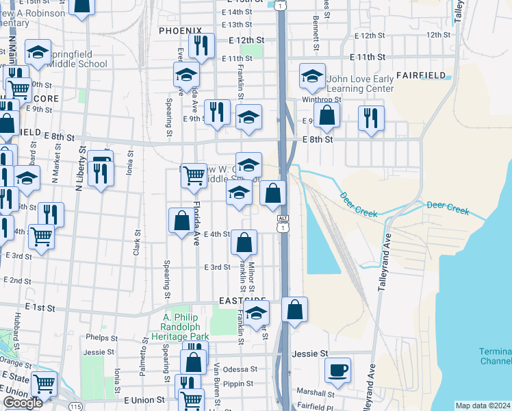 map of restaurants, bars, coffee shops, grocery stores, and more near 1535 Milnor Street in Jacksonville