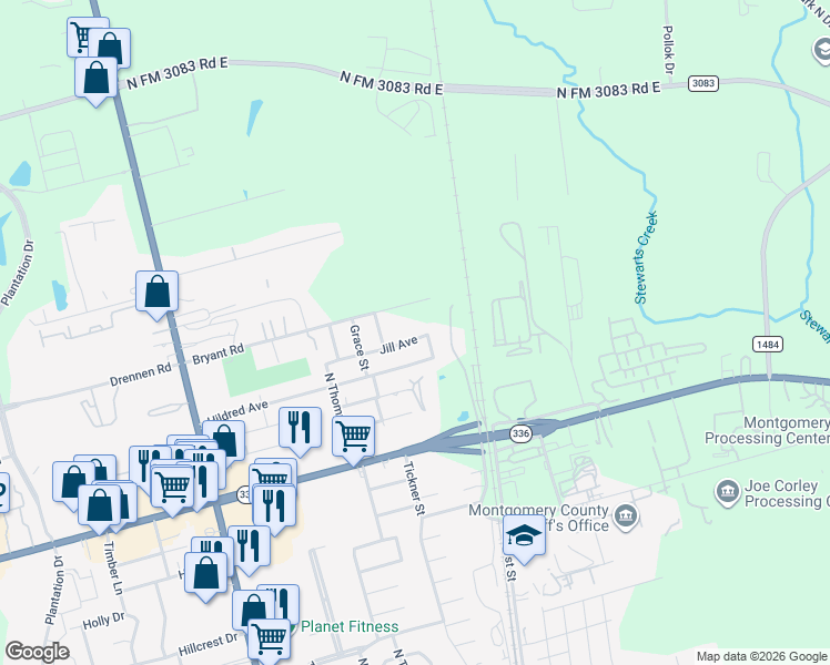 map of restaurants, bars, coffee shops, grocery stores, and more near 302 Jill Avenue in Conroe