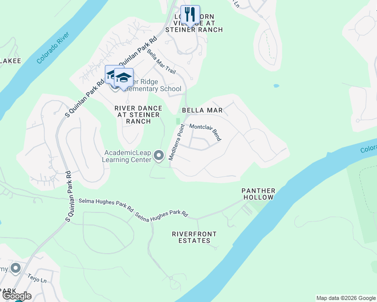 map of restaurants, bars, coffee shops, grocery stores, and more near 11920 Montclair Bend in Austin