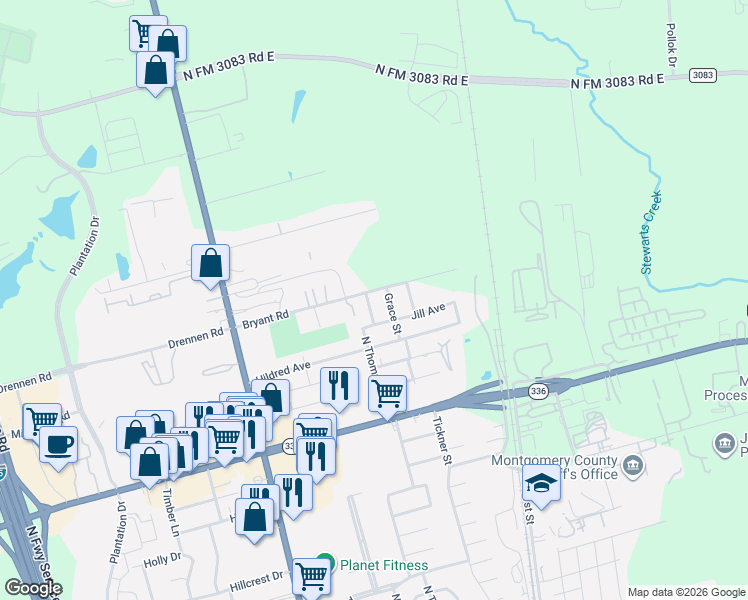 map of restaurants, bars, coffee shops, grocery stores, and more near 2410 North Thompson Street in Conroe