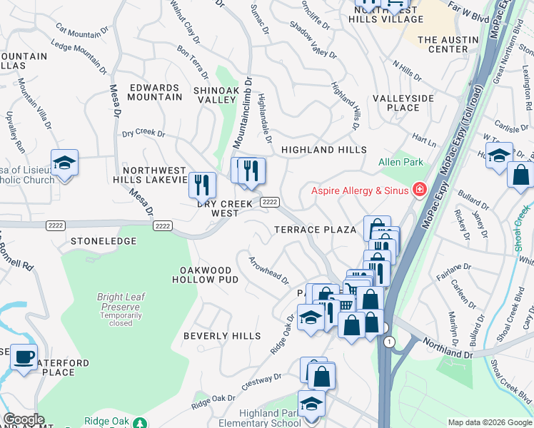map of restaurants, bars, coffee shops, grocery stores, and more near 3845 Ranch Road 2222 in Austin
