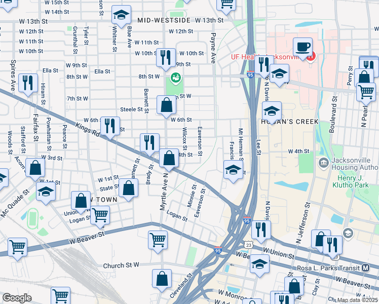 map of restaurants, bars, coffee shops, grocery stores, and more near 1210 Hart Street in Jacksonville