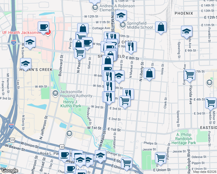 map of restaurants, bars, coffee shops, grocery stores, and more near N Main St & W 5th St in Jacksonville