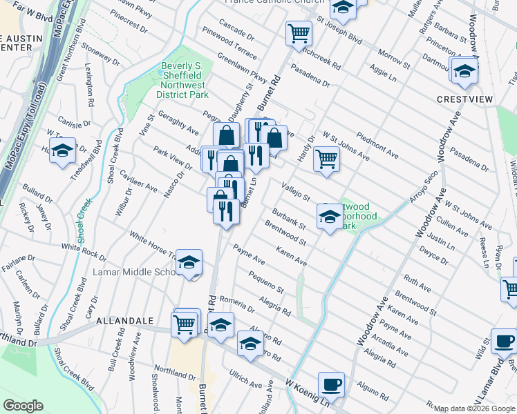 map of restaurants, bars, coffee shops, grocery stores, and more near 6615 Burnet Lane in Austin