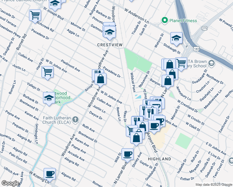 map of restaurants, bars, coffee shops, grocery stores, and more near 1207 Piedmont Avenue in Austin