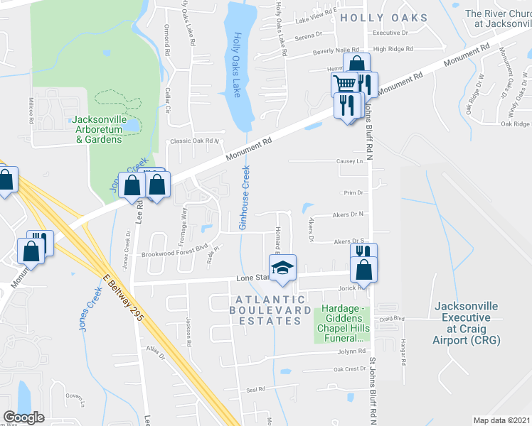 map of restaurants, bars, coffee shops, grocery stores, and more near Brookwood Bluff Road North in Jacksonville