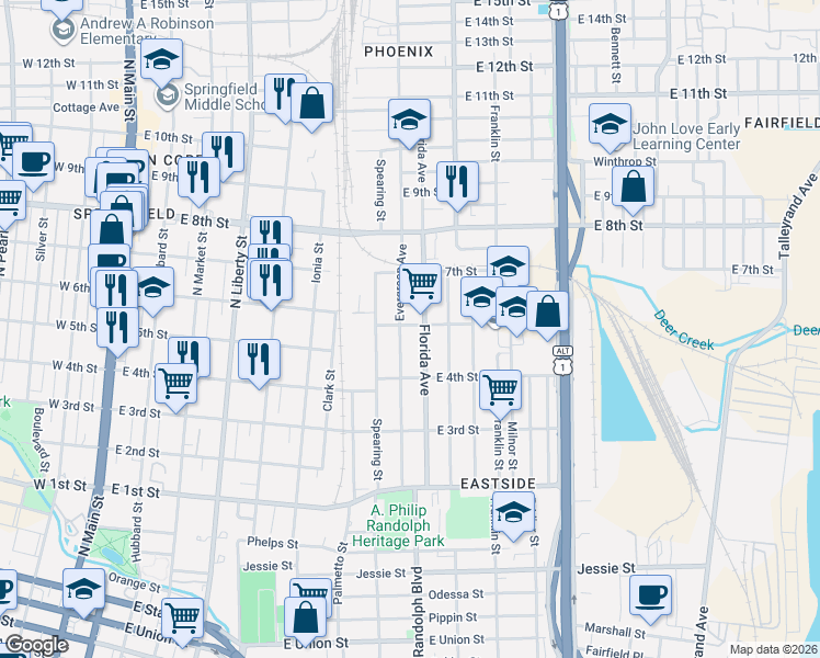 map of restaurants, bars, coffee shops, grocery stores, and more near 1504 Evergreen Avenue in Jacksonville