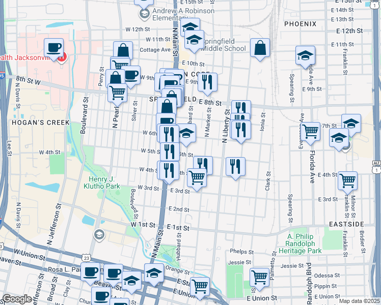 map of restaurants, bars, coffee shops, grocery stores, and more near 1507 Hubbard Street in Jacksonville