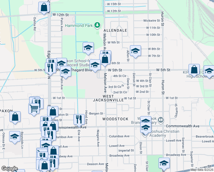 map of restaurants, bars, coffee shops, grocery stores, and more near 1311 Melson Avenue in Jacksonville