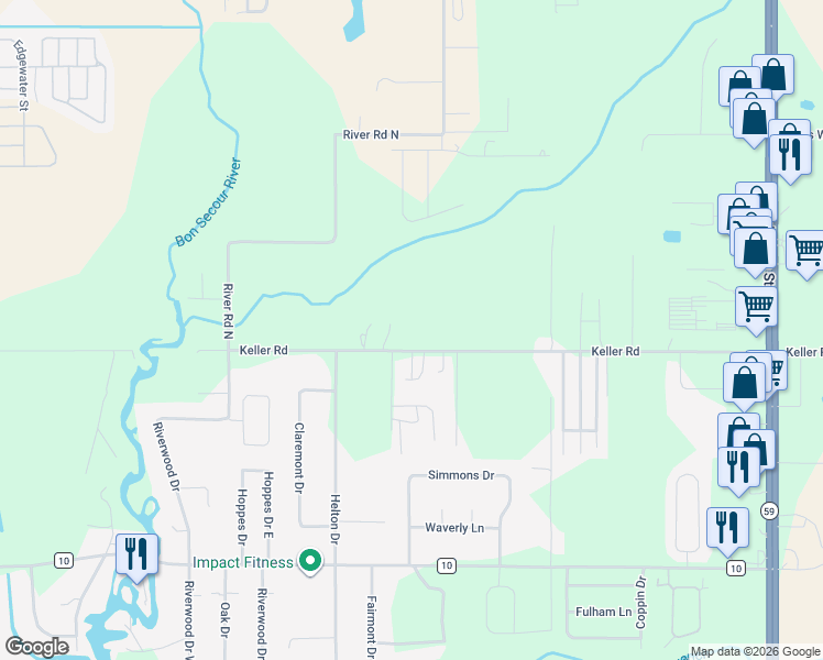 map of restaurants, bars, coffee shops, grocery stores, and more near 19121 Keller Road in Foley