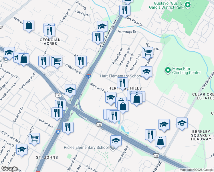 map of restaurants, bars, coffee shops, grocery stores, and more near 916 Norwood Park Boulevard in Austin