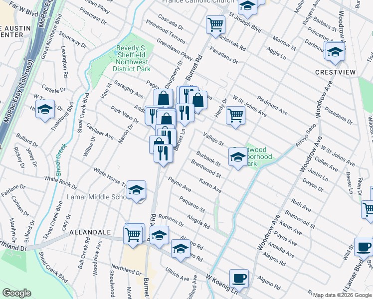 map of restaurants, bars, coffee shops, grocery stores, and more near 6615 Burnet Lane in Austin