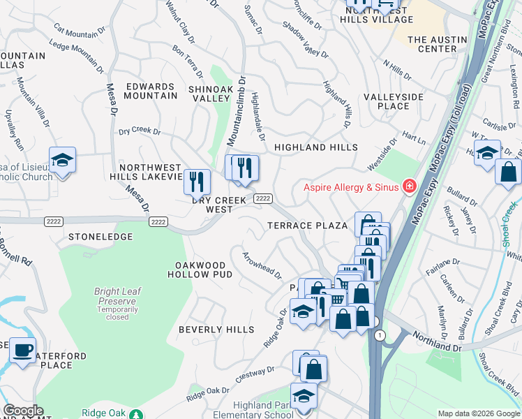 map of restaurants, bars, coffee shops, grocery stores, and more near 3845 Ranch Road 2222 in Austin