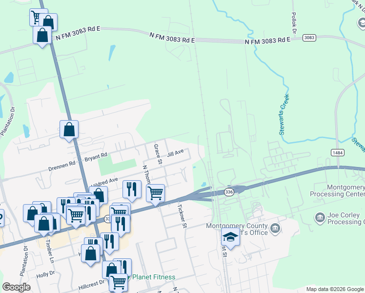 map of restaurants, bars, coffee shops, grocery stores, and more near 302 Jill Avenue in Conroe
