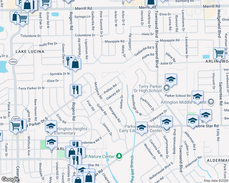 map of restaurants, bars, coffee shops, grocery stores, and more near 7117 Oakney Road in Jacksonville