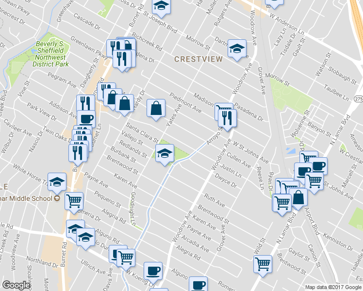 map of restaurants, bars, coffee shops, grocery stores, and more near 1701 Justin Lane in Austin