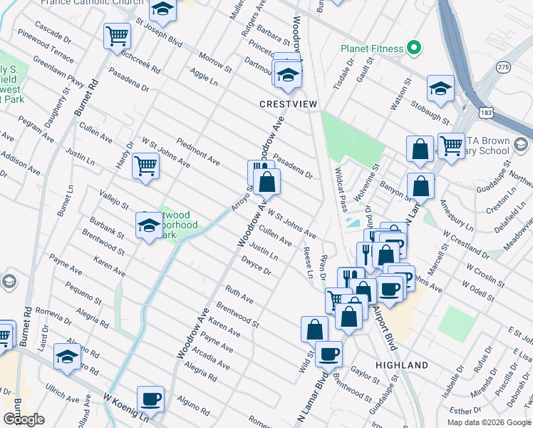 map of restaurants, bars, coffee shops, grocery stores, and more near 1313 West Saint Johns Avenue in Austin