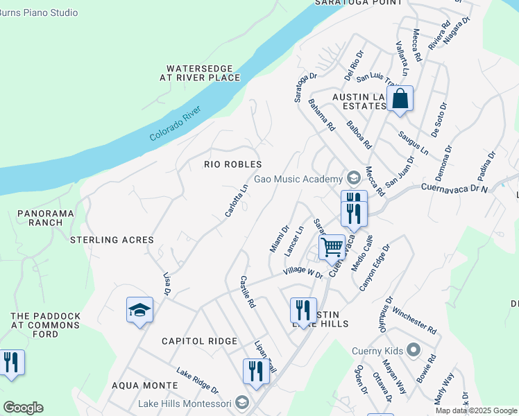 map of restaurants, bars, coffee shops, grocery stores, and more near 1602 Lipan Trail in Austin