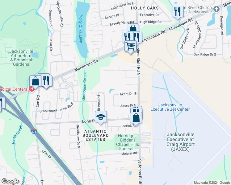 map of restaurants, bars, coffee shops, grocery stores, and more near 10513 Akers Drive North in Jacksonville