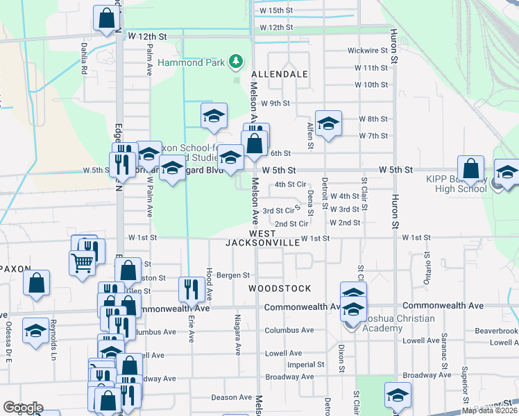 map of restaurants, bars, coffee shops, grocery stores, and more near 1311 Melson Avenue in Jacksonville