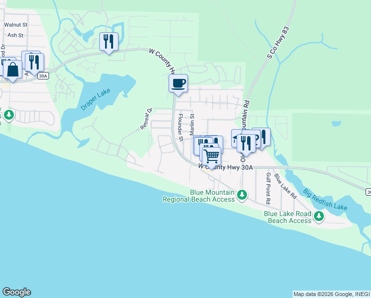 map of restaurants, bars, coffee shops, grocery stores, and more near 2508 West County Highway 30A in Santa Rosa Beach
