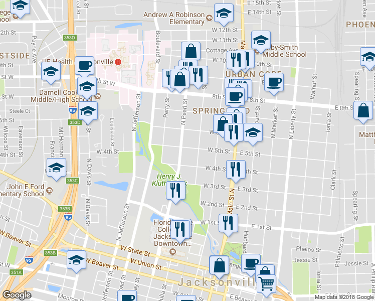 map of restaurants, bars, coffee shops, grocery stores, and more near 236 West 5th Street in Jacksonville
