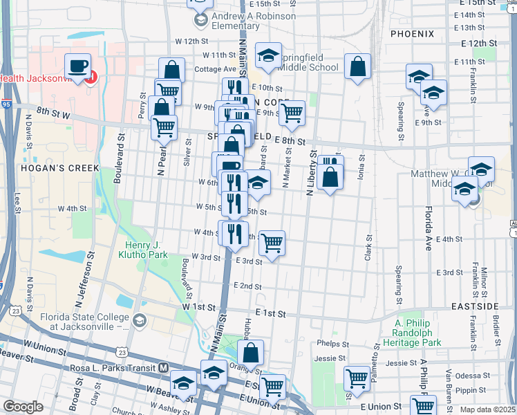 map of restaurants, bars, coffee shops, grocery stores, and more near 1514 Hubbard Street in Jacksonville