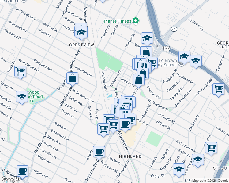 map of restaurants, bars, coffee shops, grocery stores, and more near 7336 Easy Wind Drive in Austin