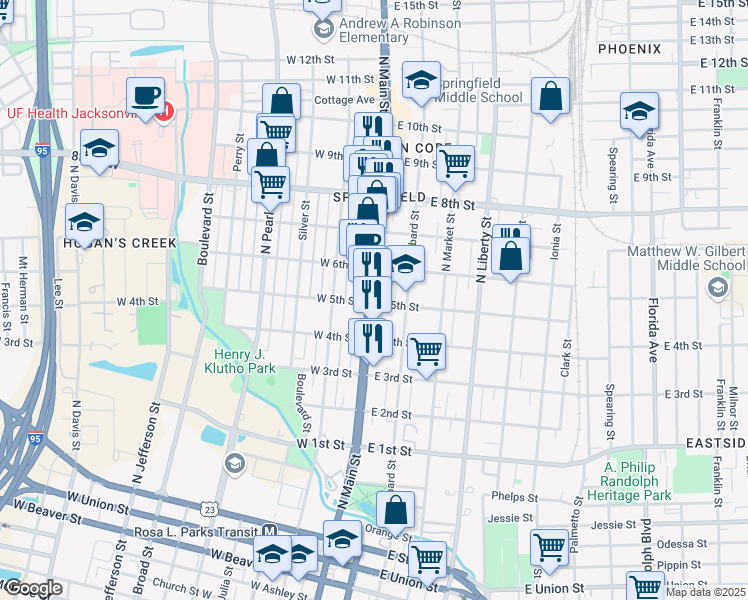 map of restaurants, bars, coffee shops, grocery stores, and more near 1501 North Main Street in Jacksonville