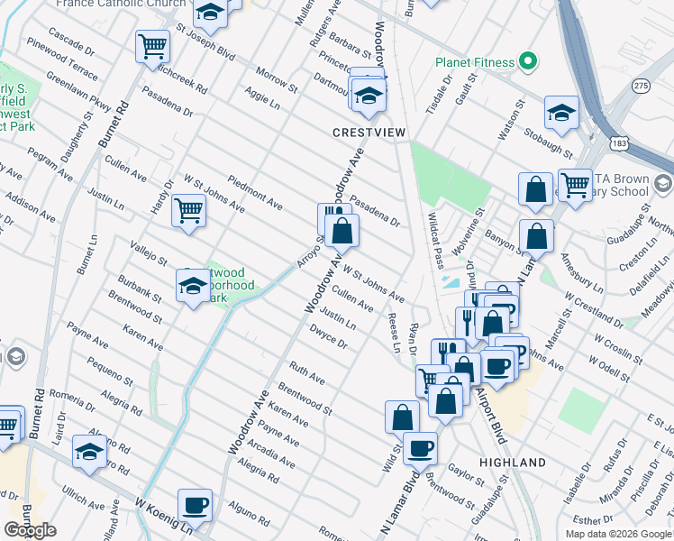 map of restaurants, bars, coffee shops, grocery stores, and more near 1313 West Saint Johns Avenue in Austin