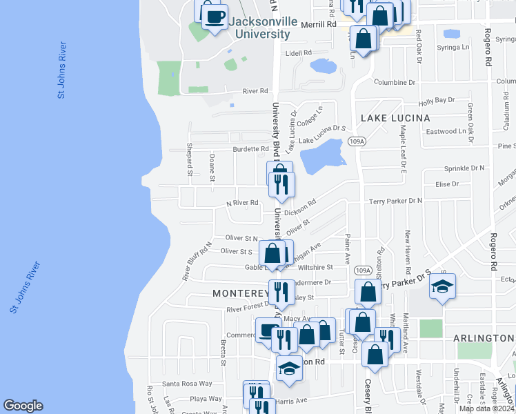 map of restaurants, bars, coffee shops, grocery stores, and more near 5474 North River Road in Jacksonville