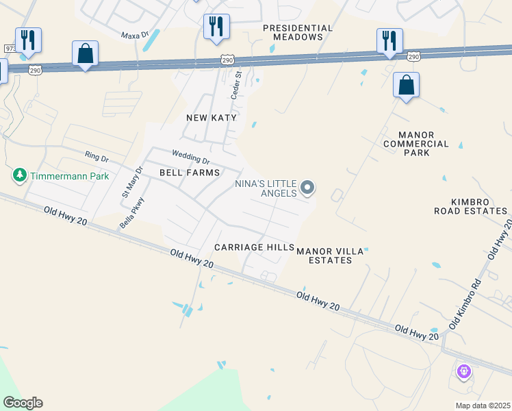 map of restaurants, bars, coffee shops, grocery stores, and more near 13221 Forest Sage Street in Manor