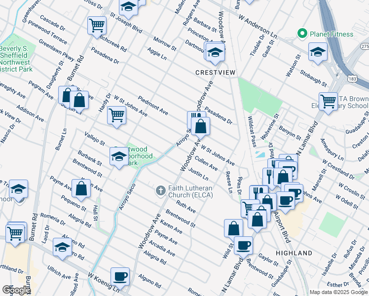 map of restaurants, bars, coffee shops, grocery stores, and more near 1406 Cullen Avenue in Austin