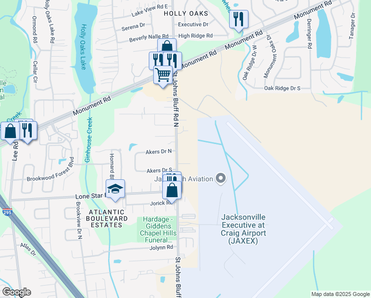 map of restaurants, bars, coffee shops, grocery stores, and more near 1231 Saint Johns Bluff Road North in Jacksonville
