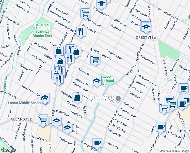 map of restaurants, bars, coffee shops, grocery stores, and more near 1804 Vallejo Street in Austin