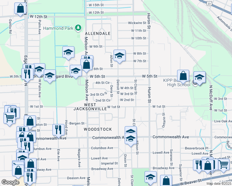 map of restaurants, bars, coffee shops, grocery stores, and more near 1170 Detroit Street in Jacksonville