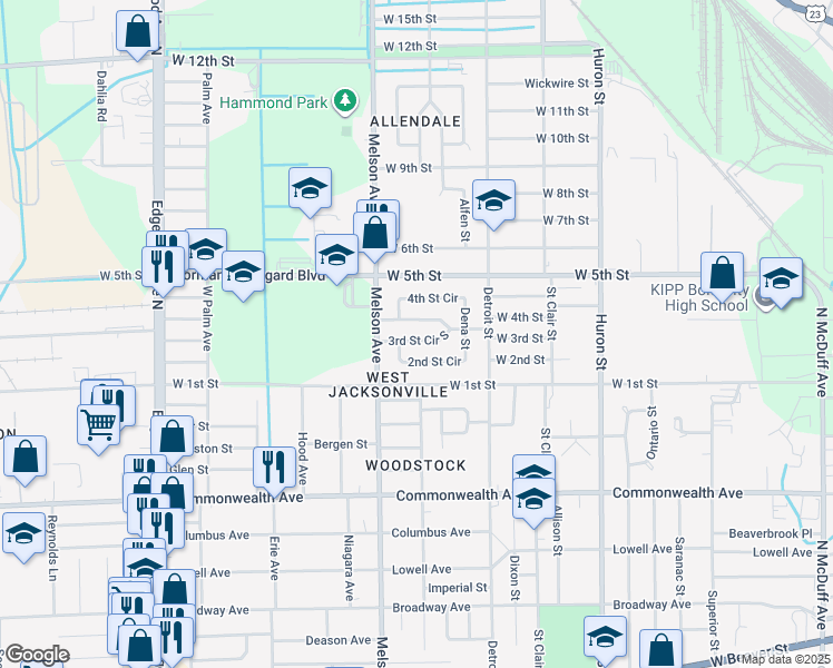 map of restaurants, bars, coffee shops, grocery stores, and more near 3151 3rd Street Circle South in Jacksonville
