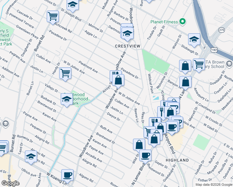 map of restaurants, bars, coffee shops, grocery stores, and more near 1313 West Saint Johns Avenue in Austin