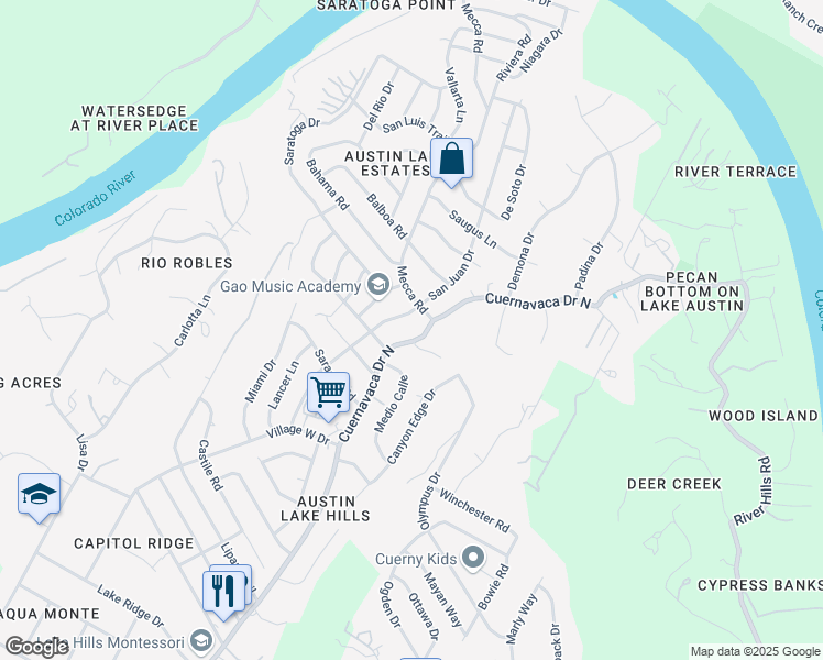 map of restaurants, bars, coffee shops, grocery stores, and more near 2002 Cuernavaca Drive North in Austin