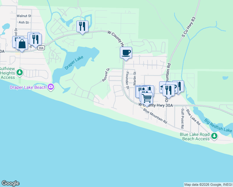 map of restaurants, bars, coffee shops, grocery stores, and more near 67 White Cliffs Boulevard in Santa Rosa Beach