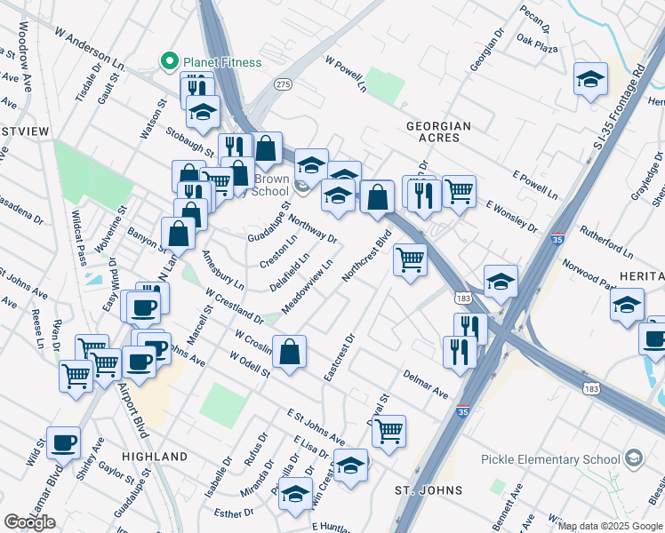 map of restaurants, bars, coffee shops, grocery stores, and more near 7703 Meadowview Lane in Austin