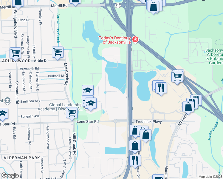 map of restaurants, bars, coffee shops, grocery stores, and more near 9205 Gilmore Grove Way in Jacksonville